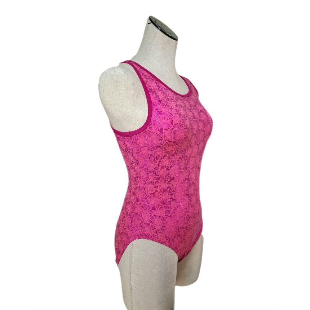 Satara VTG Barbie Pink Foiled Circles Racerback Leotard Open Back Keyhole Sz AL